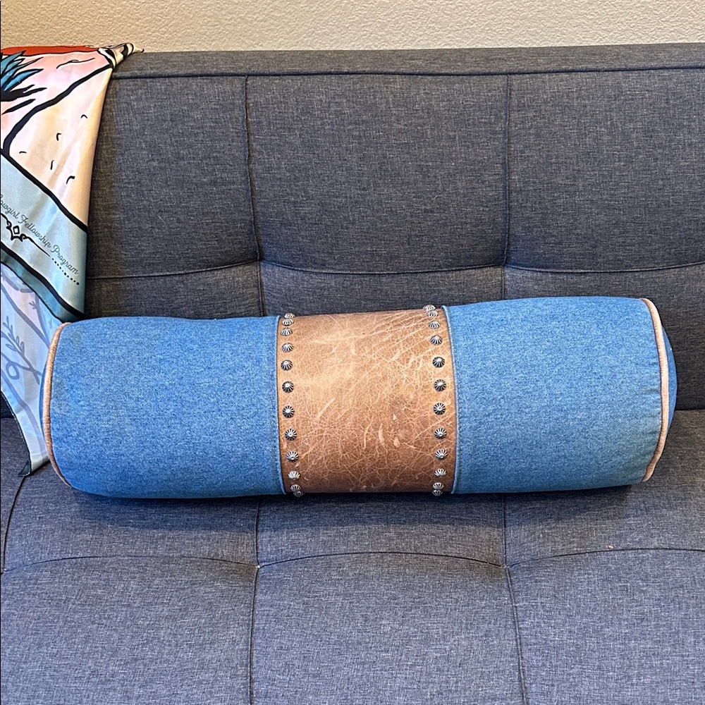 Decorative Blue Denim and Brown Leather Bolster Pillow